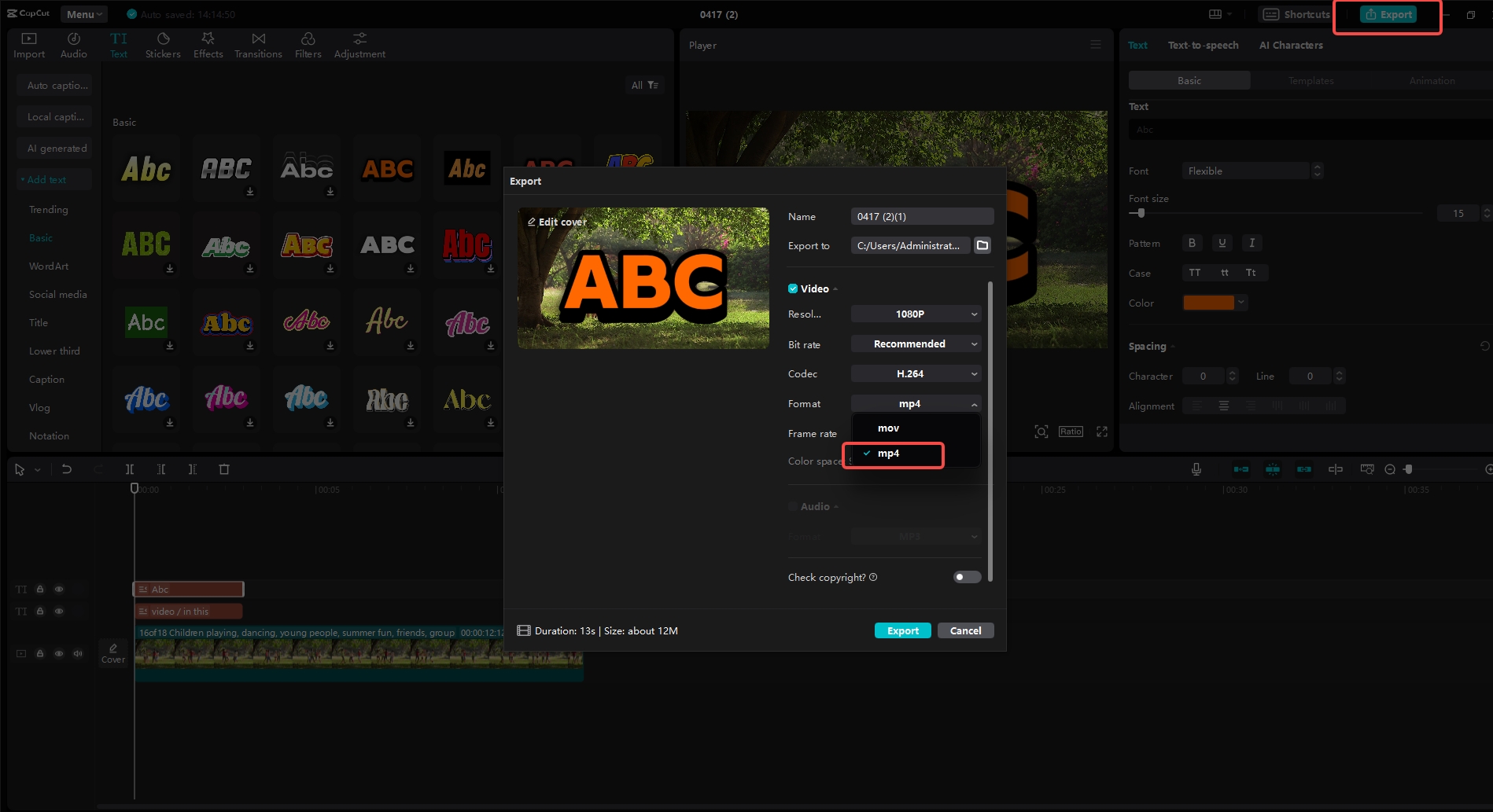 click export and choose MP4 format 
